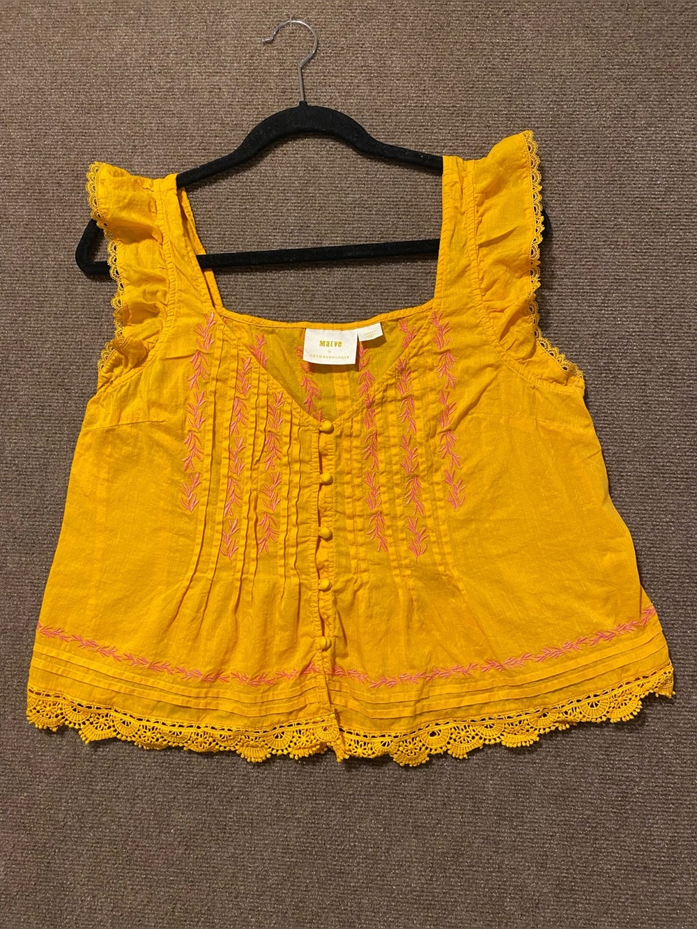 Maeve by Anthropologie Yellow Embroidered Ruffle Sleeveless Camisole Small